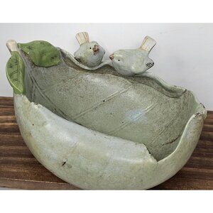 Pier 1 Imports Pottery Centerpiece Retro Bird Bath Dish Planter Feeder Green